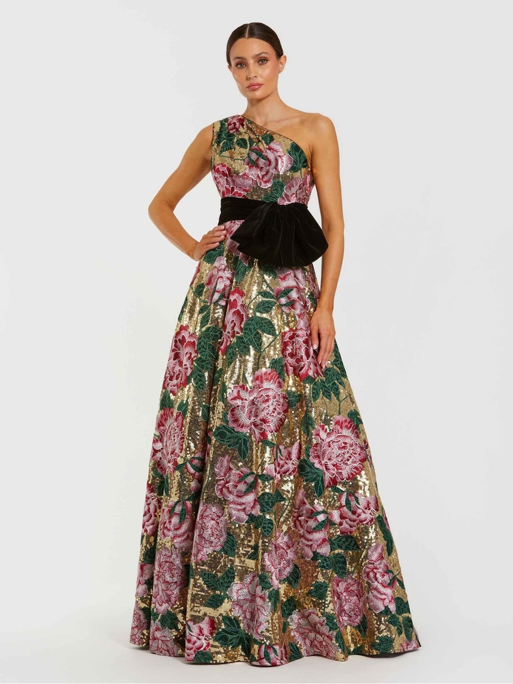 Mac Duggal 21194 One Shoulder Sequin Ball Gown With Velvet Bow Size 16 NWOT